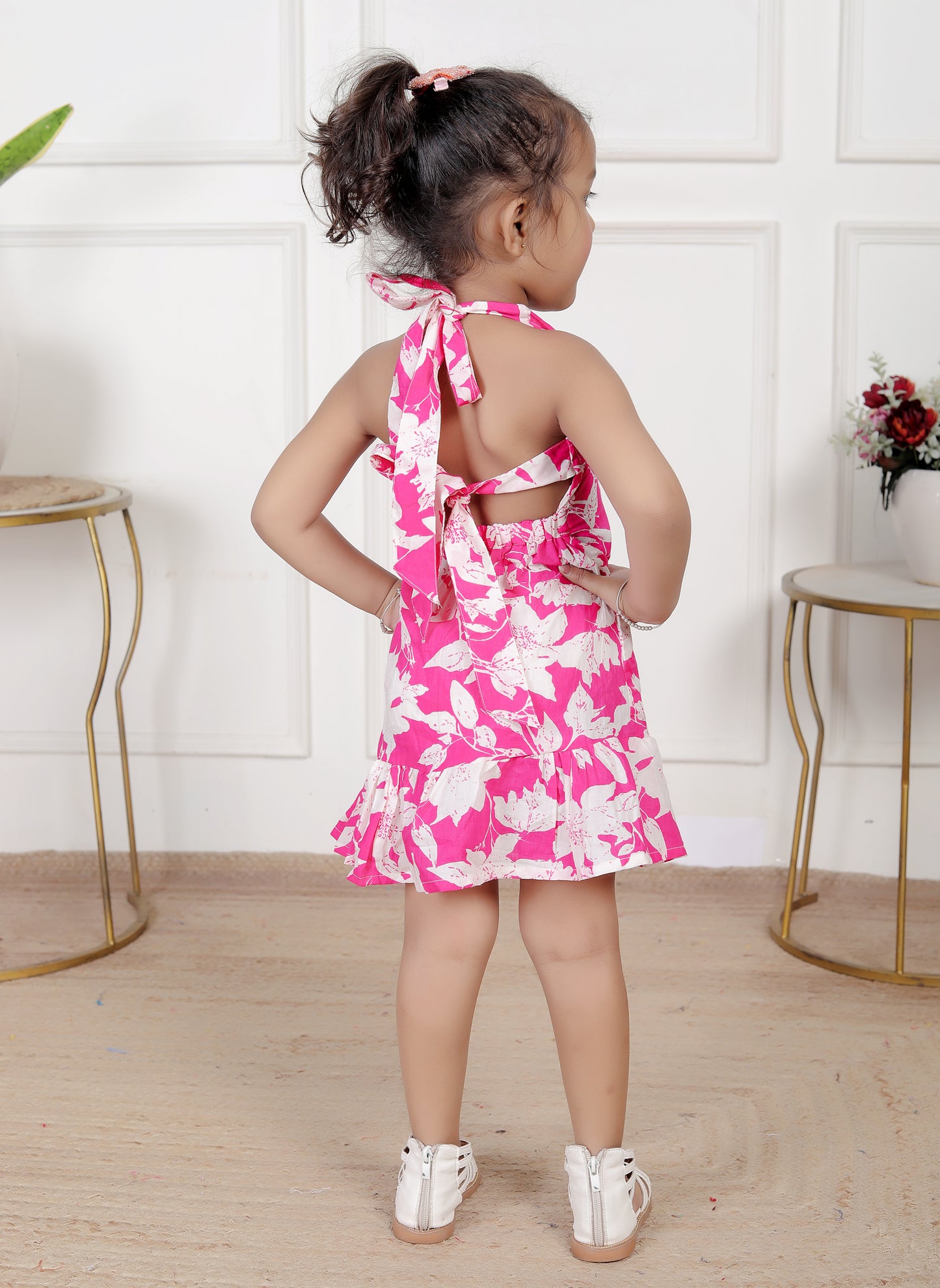 Pink & White Floral Halter Dress with Ruffle Hem