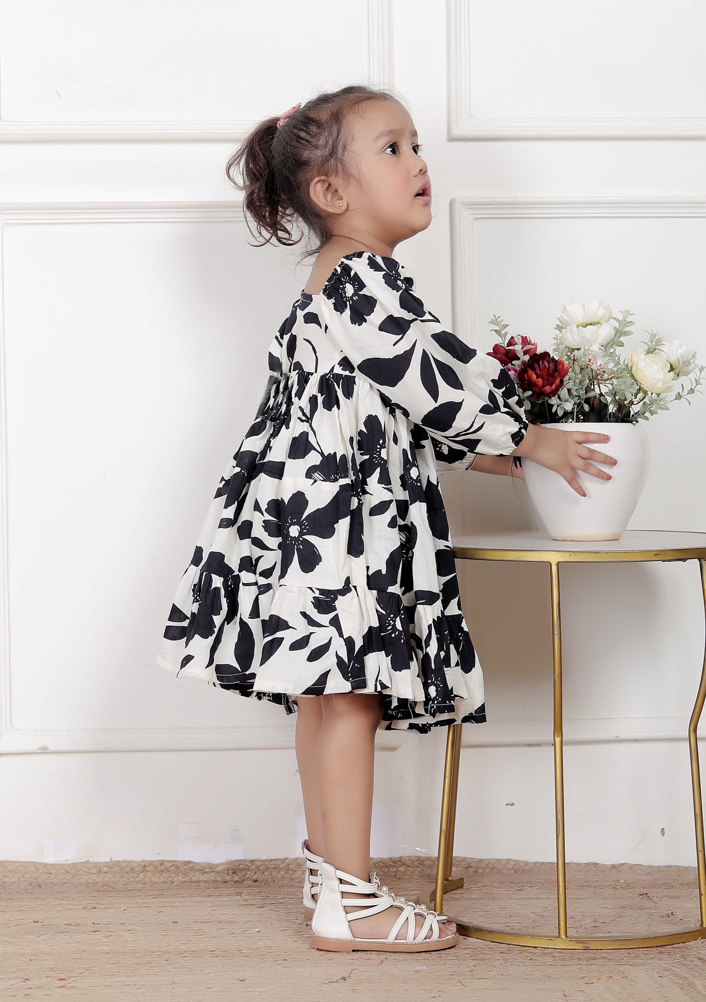 Black & White Floral Fit & Flare Dress with Puffy Sleeves