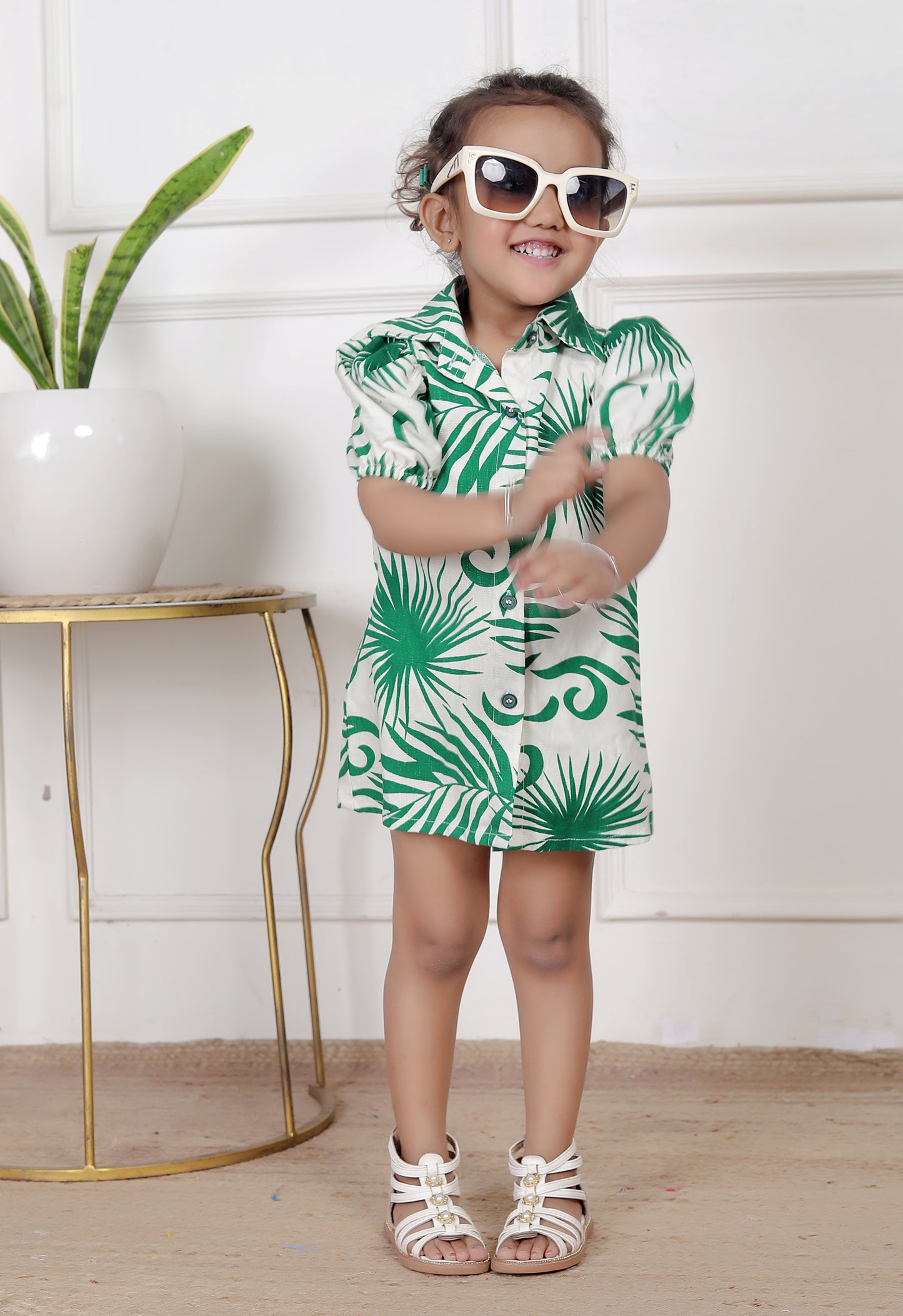 Green & White Tropical Print Shirt Dress