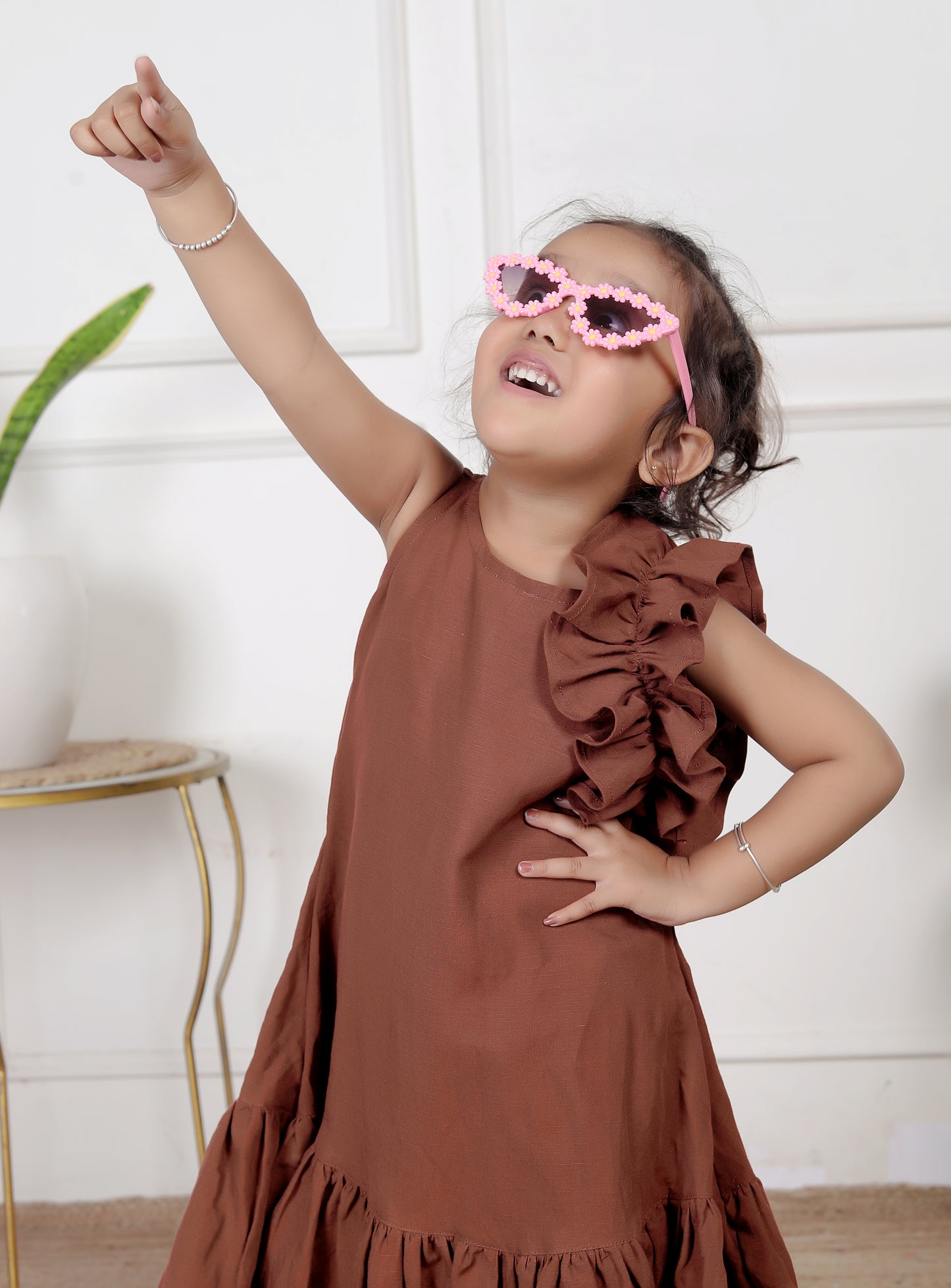 Brown One-Shoulder Ruffle Maxi Dress