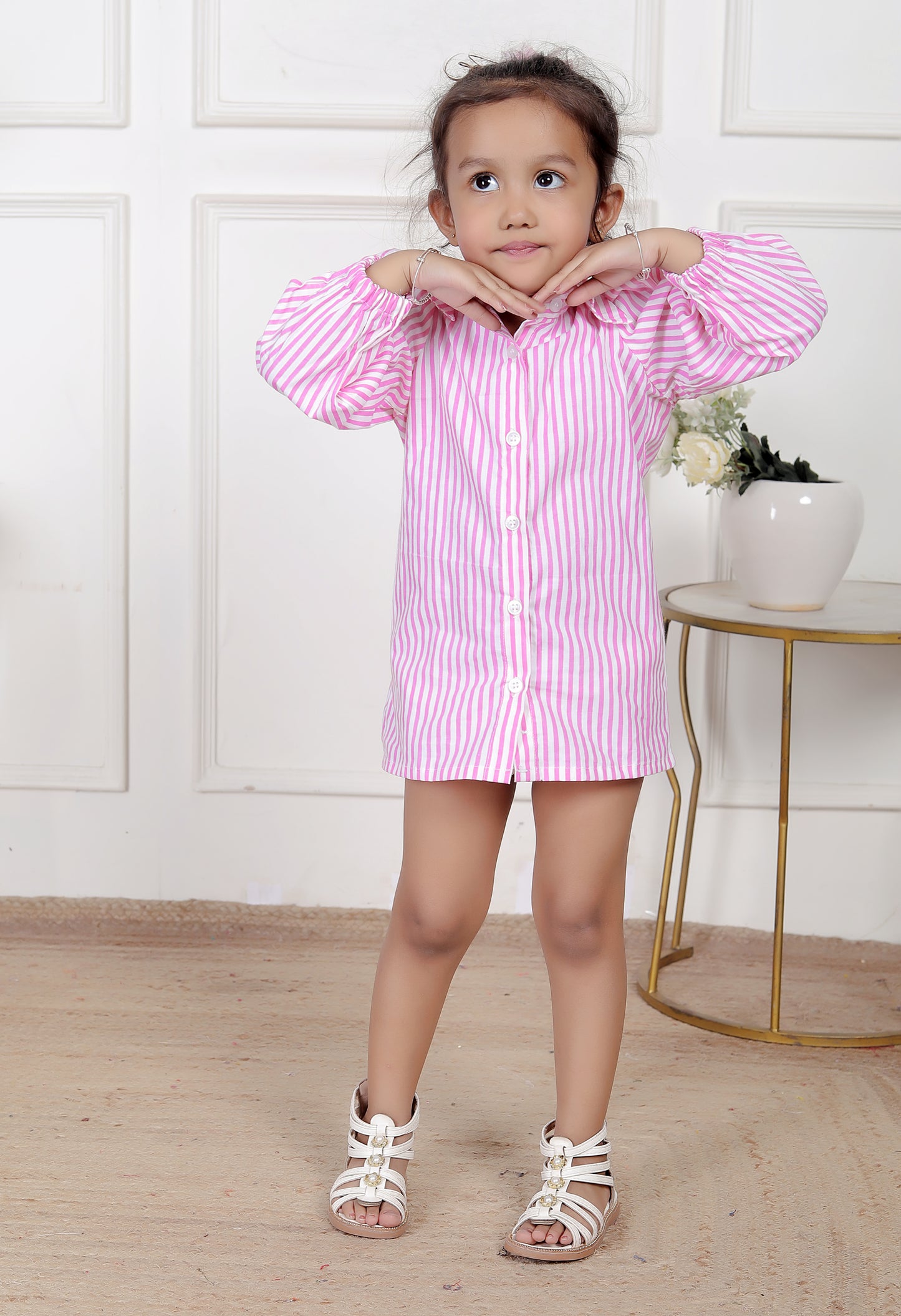 Pink Striped Shirt Dress with Puff Sleeves