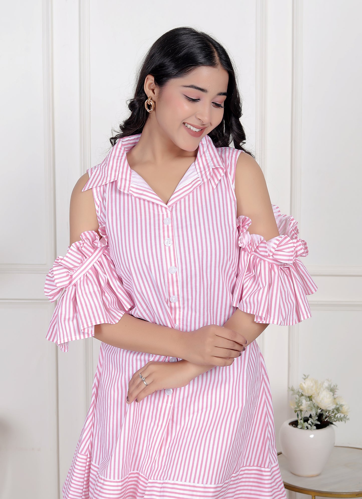 Pink Striped Cold-Shoulder Shirt Dress with Ruffle Sleeves