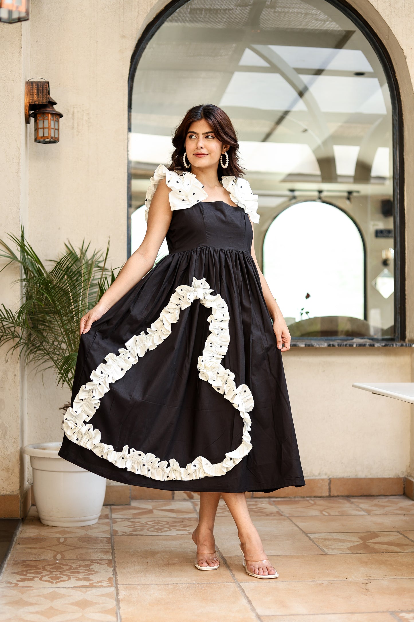 Black & White Contrast Ruffle Midi Dress – Statement Style