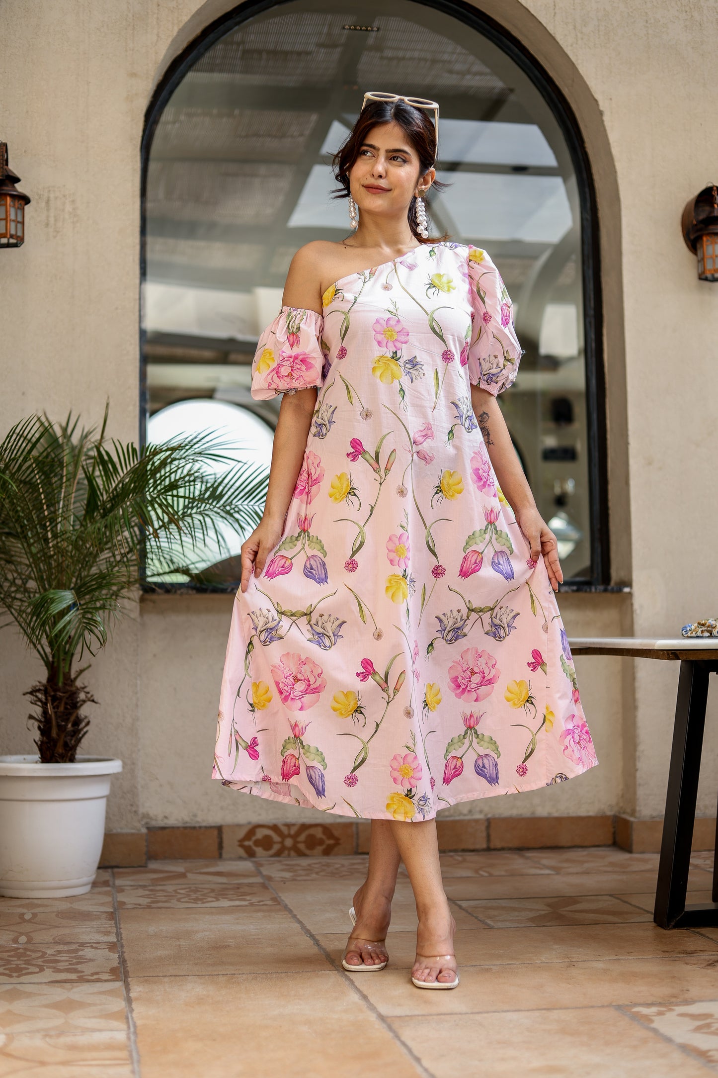 Pink Floral One-Shoulder Midi Dress – Blooming Charm