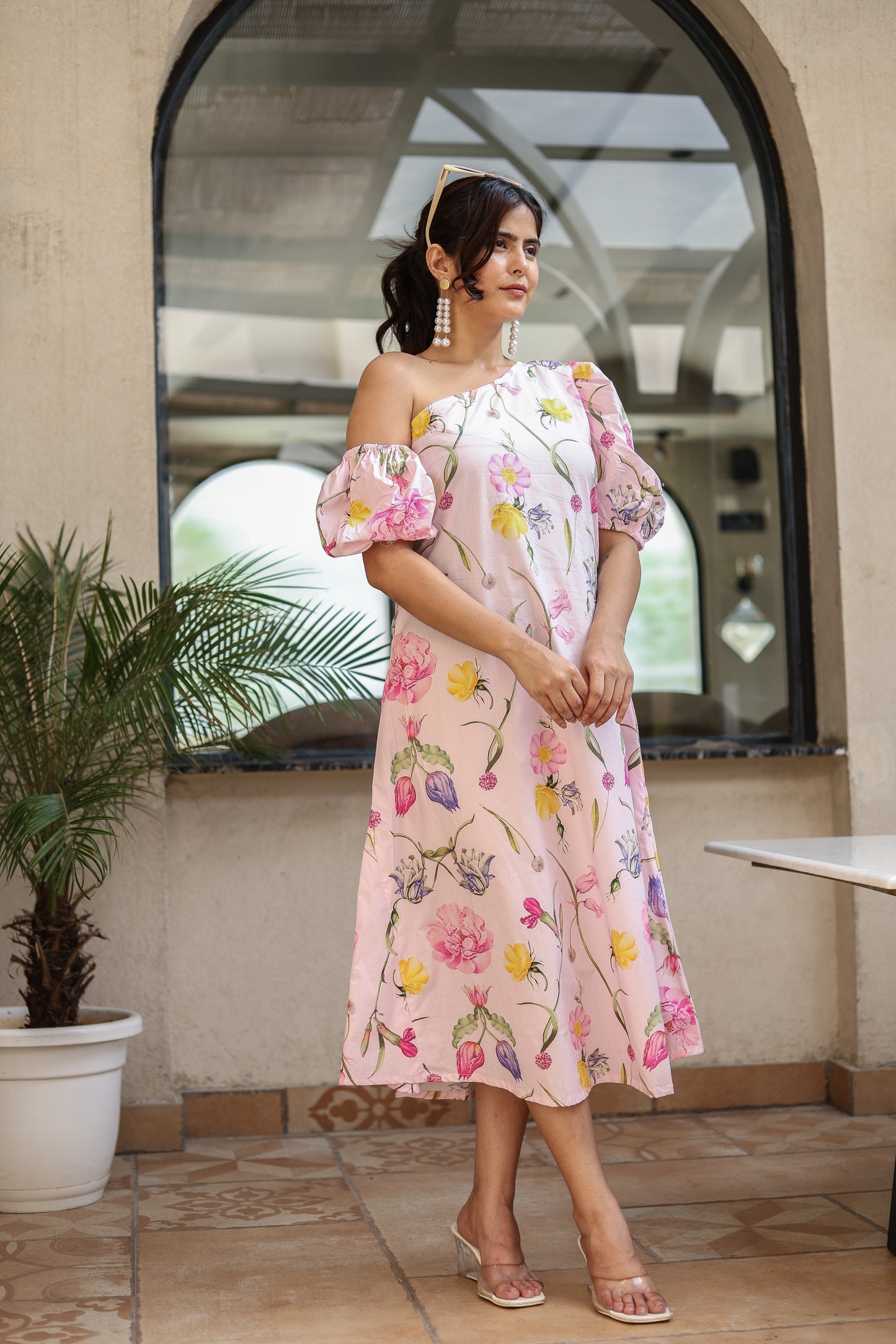 Pink Floral One-Shoulder Midi Dress – Blooming Charm