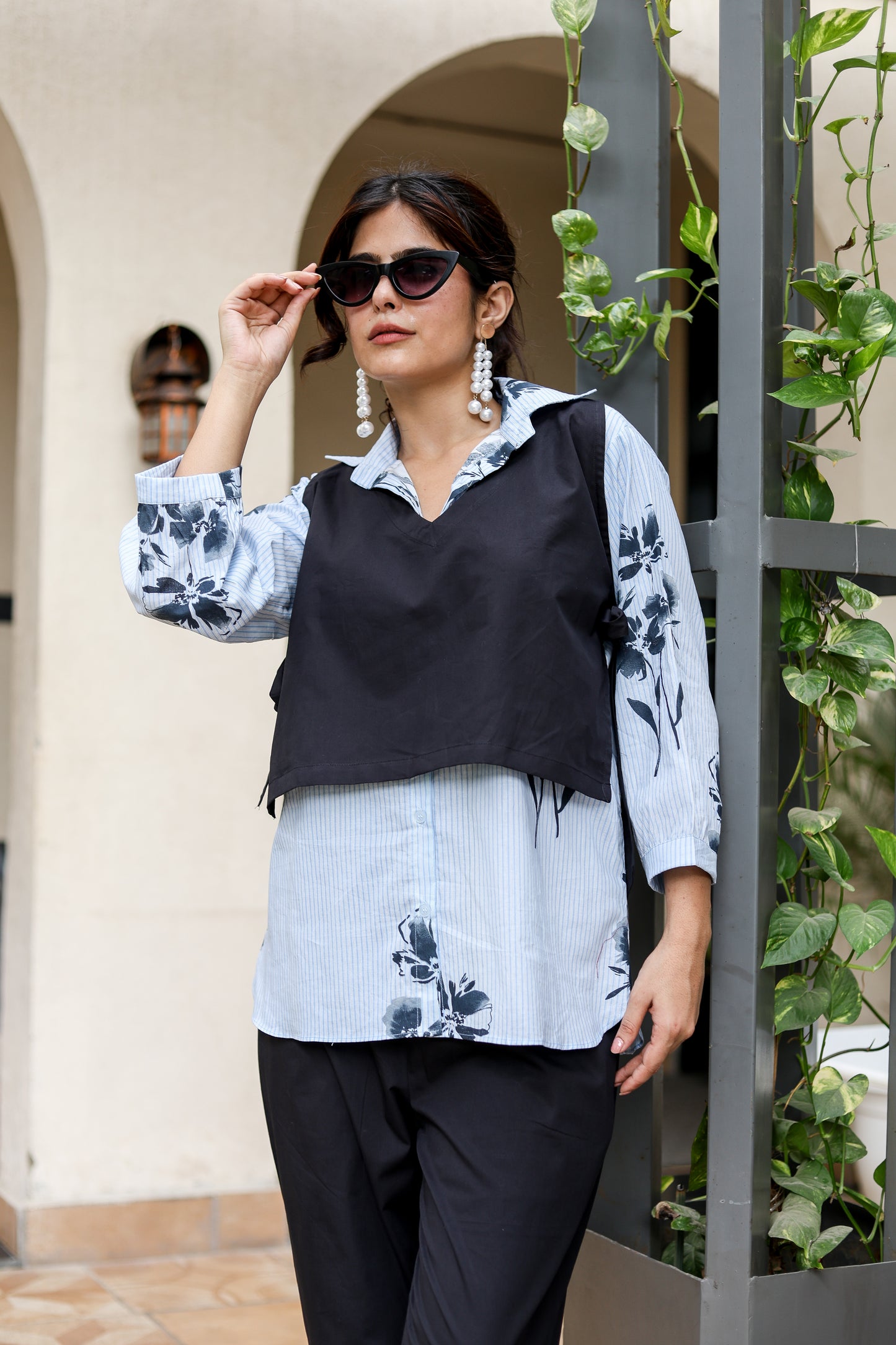 Blue Stripe Shirt & Black Overlay Coord Set