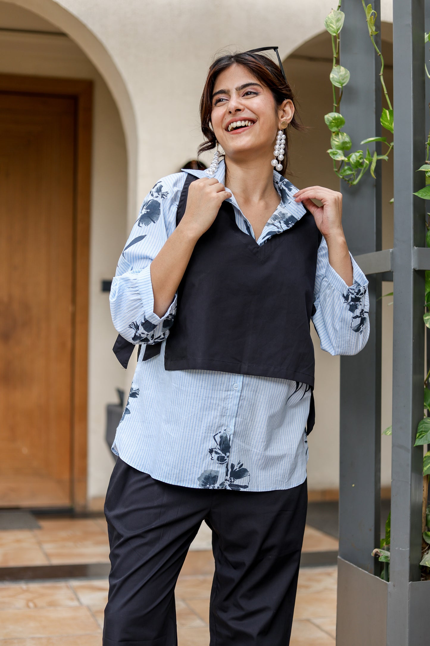 Blue Stripe Shirt & Black Overlay Coord Set