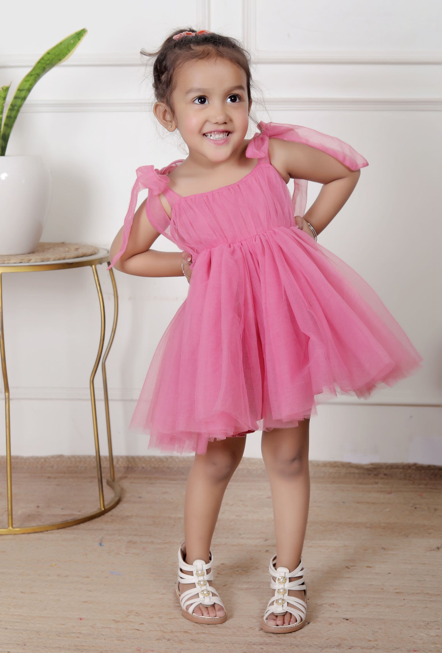Pink Tulle Party Dress with Bow Tie Straps