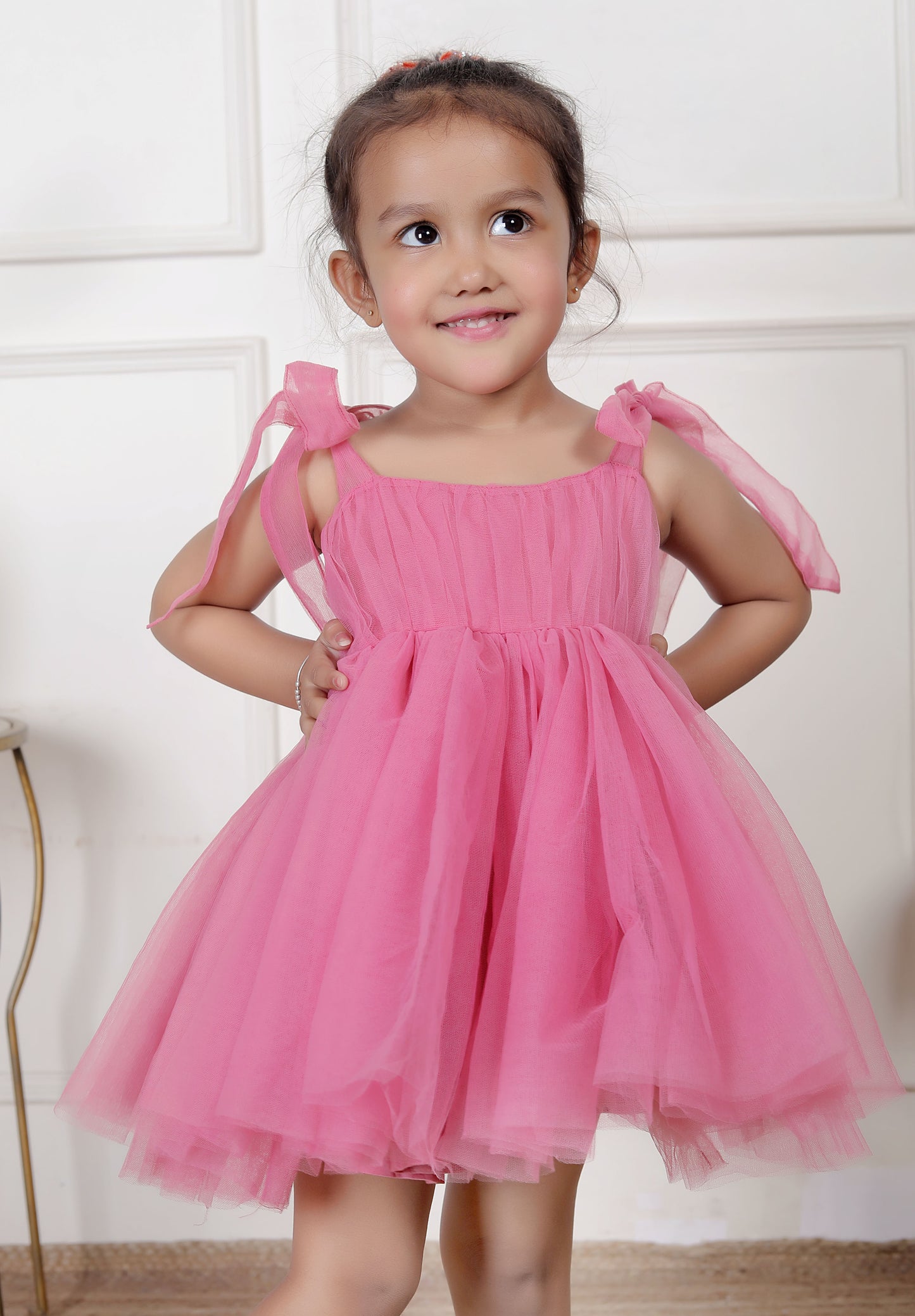 Pink Tulle Party Dress with Bow Tie Straps
