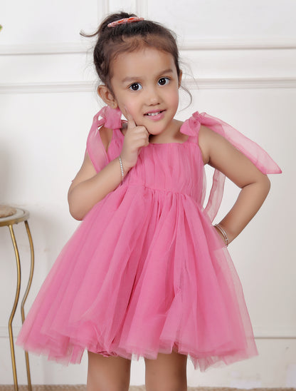 Pink Tulle Party Dress with Bow Tie Straps