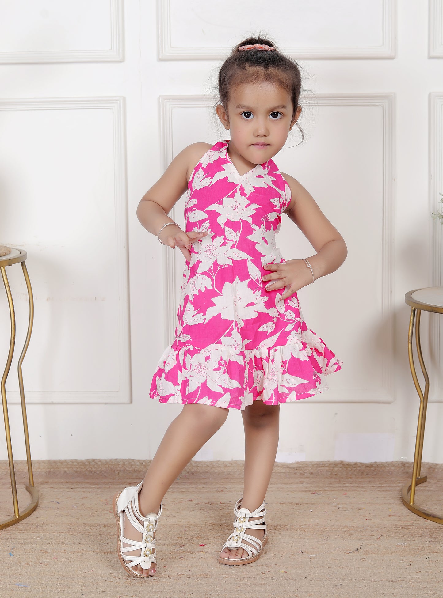 Pink & White Floral Halter Dress with Ruffle Hem