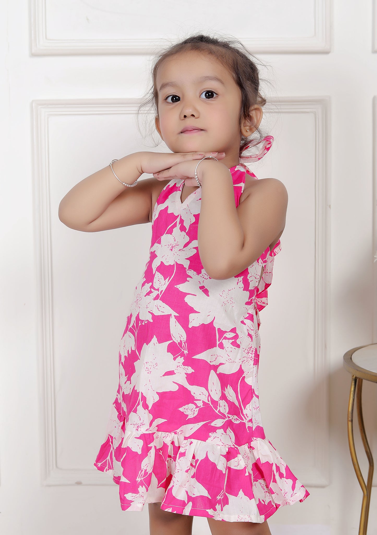 Pink & White Floral Halter Dress with Ruffle Hem