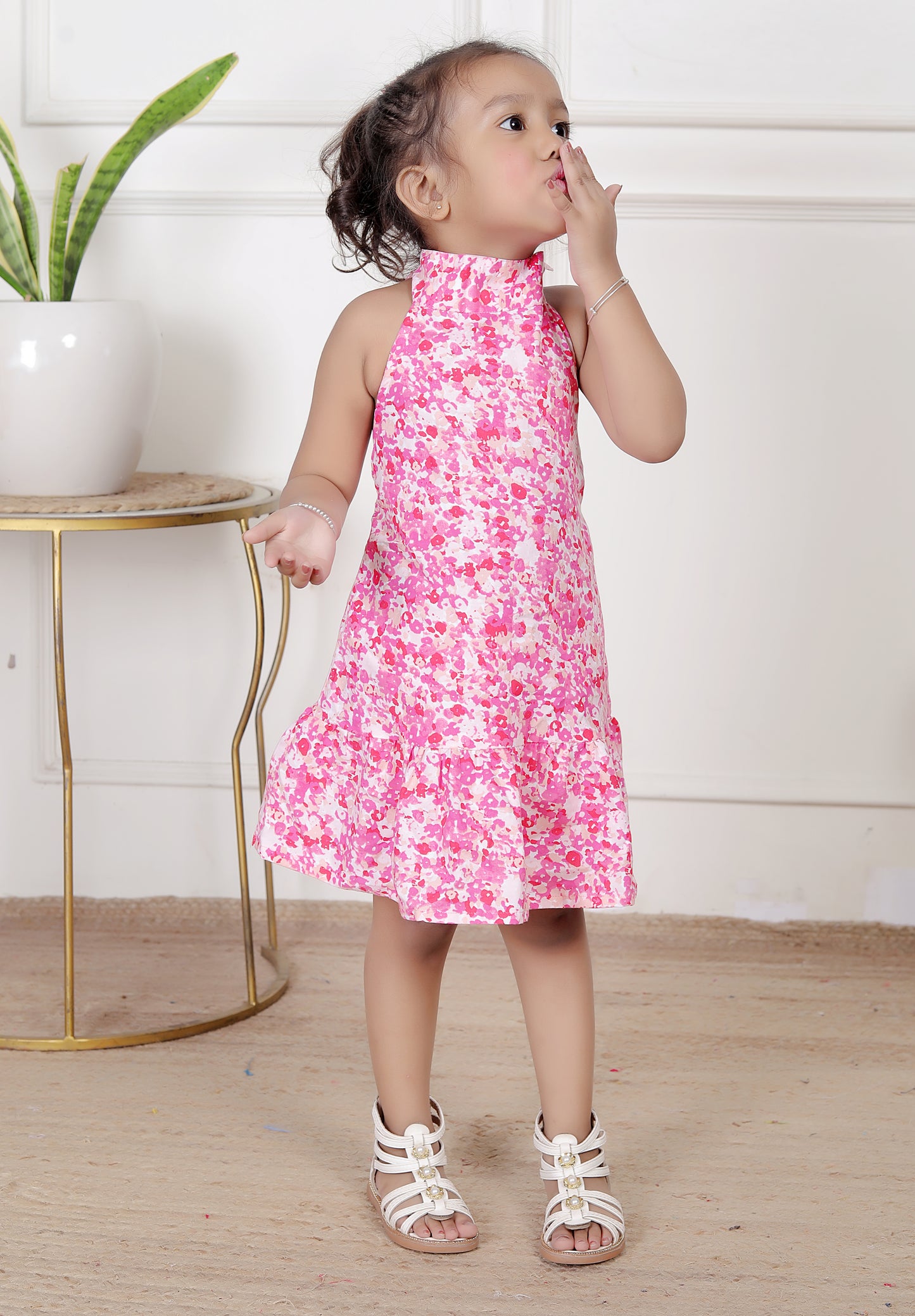 Pink Halter Neck Dress with Playful Floral Print