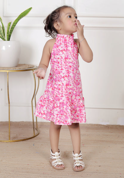 Pink Halter Neck Dress with Playful Floral Print