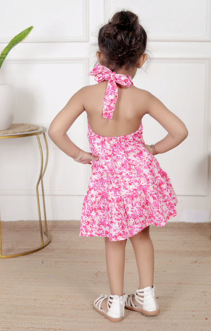 Pink Halter Neck Dress with Playful Floral Print