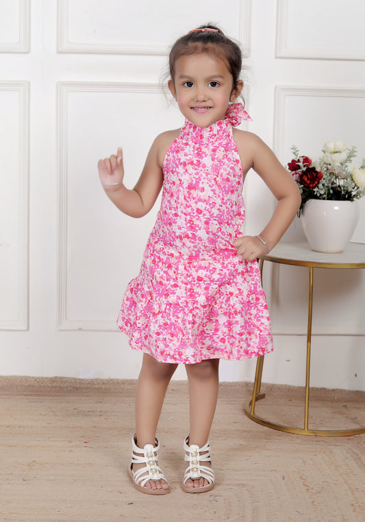 Pink Halter Neck Dress with Playful Floral Print