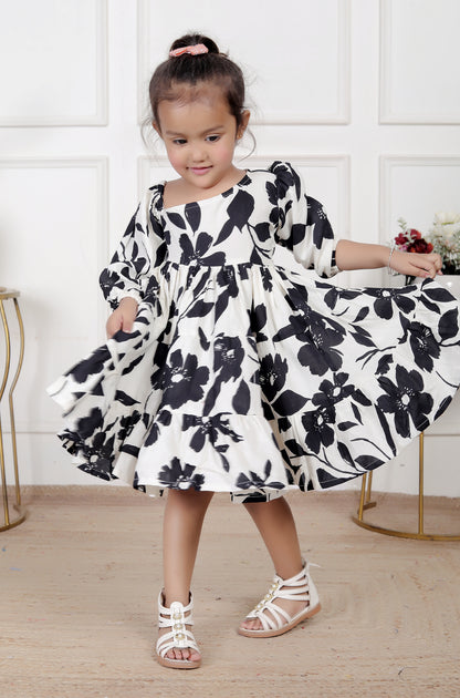 Black & White Floral Fit & Flare Dress with Puffy Sleeves