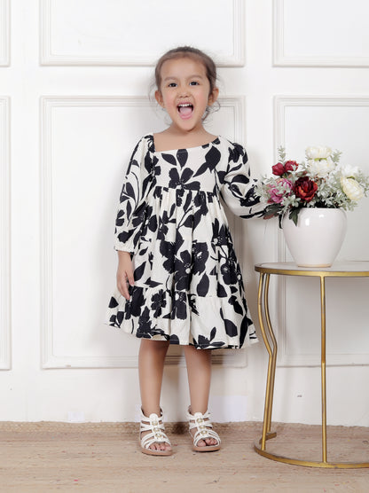 Black & White Floral Fit & Flare Dress with Puffy Sleeves