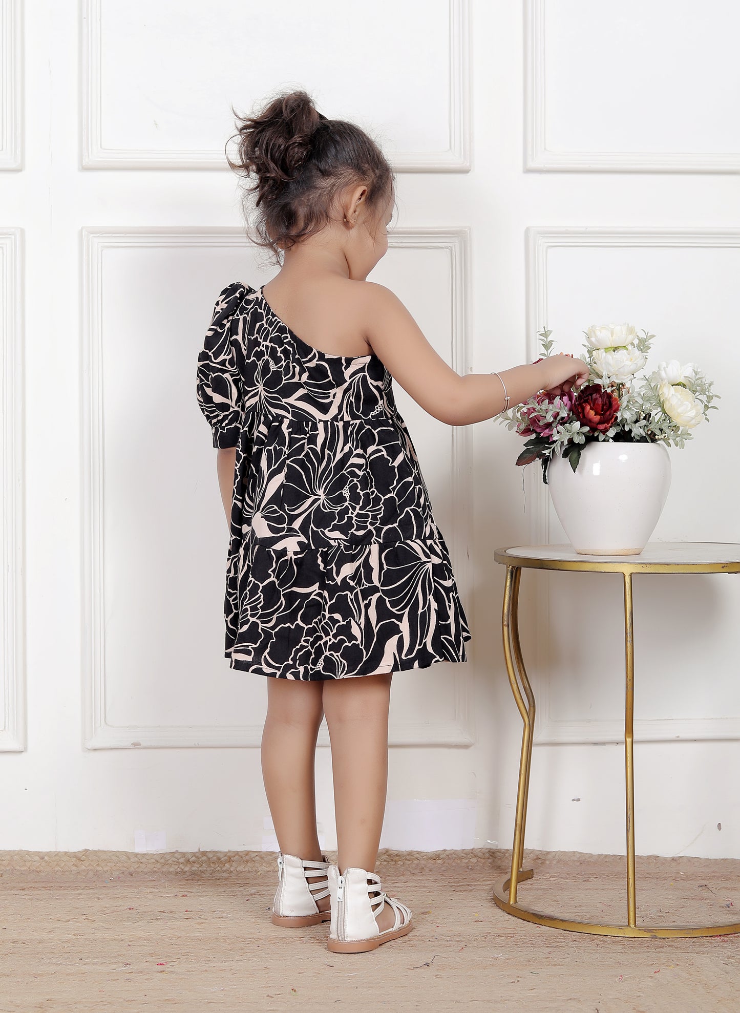 Black One-Shoulder Floral Dress for Girls