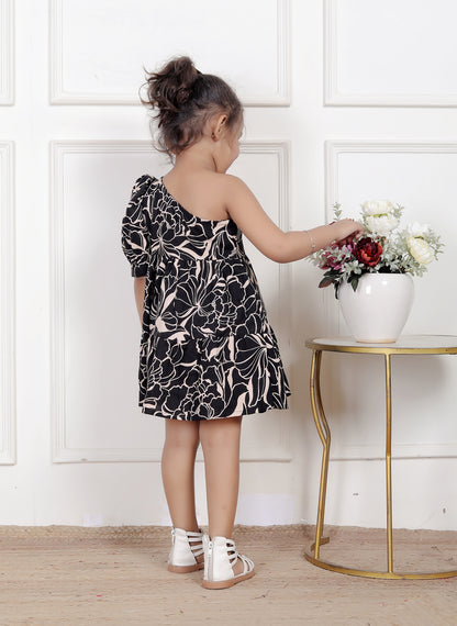 Black One-Shoulder Floral Dress for Girls