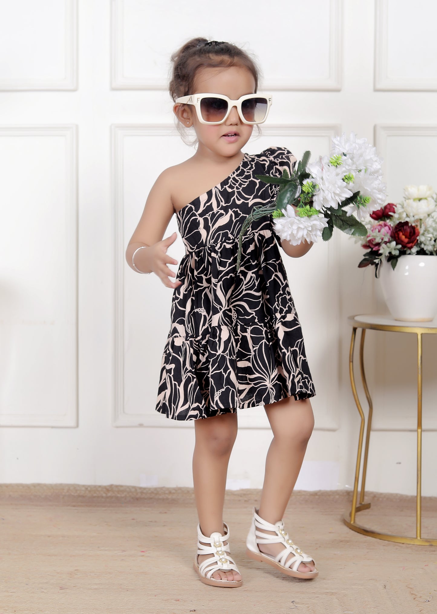Black One-Shoulder Floral Dress for Girls