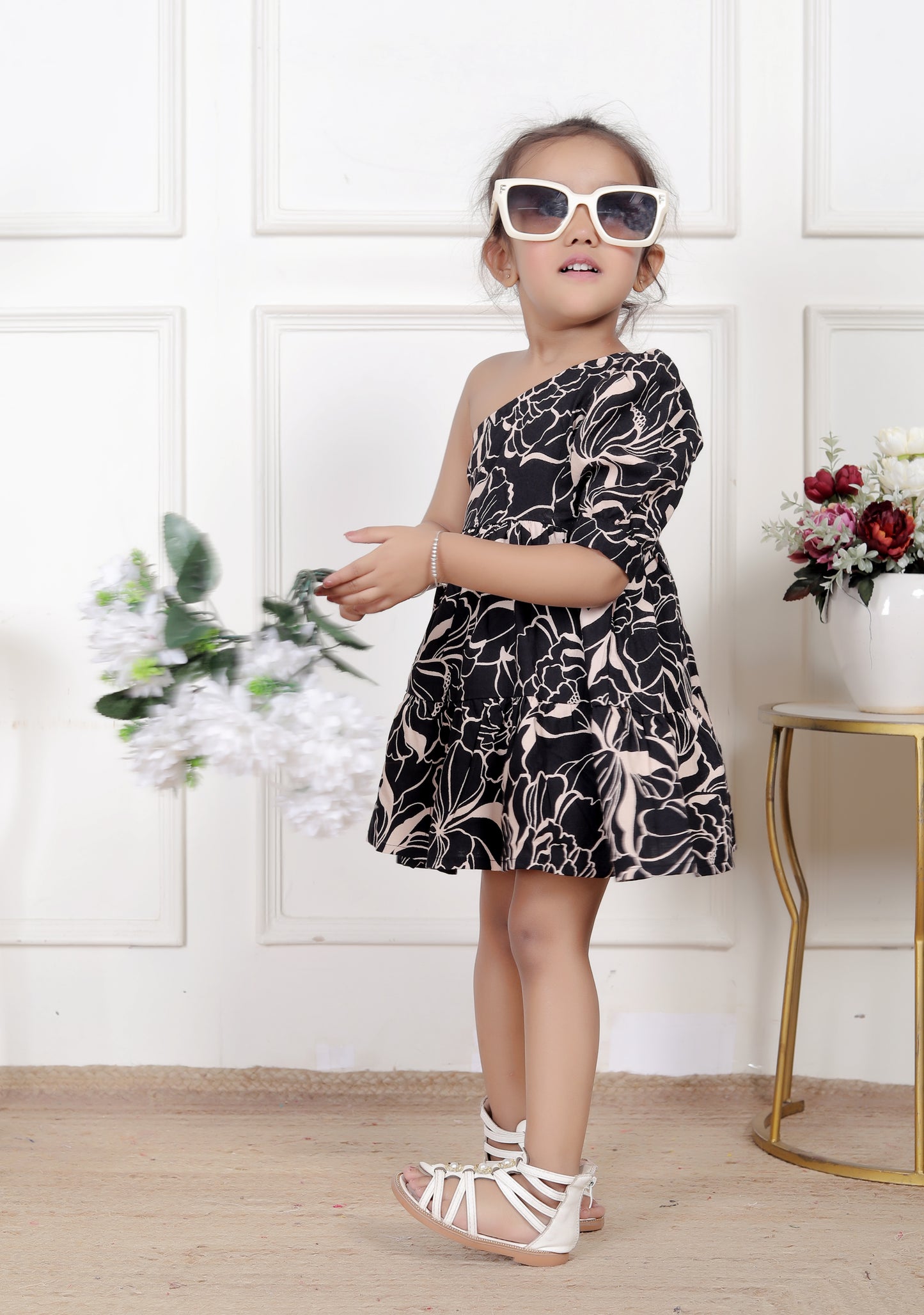 Black One-Shoulder Floral Dress for Girls