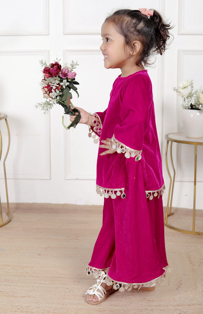 Magenta Mirror Work Kurta & Palazzo Set