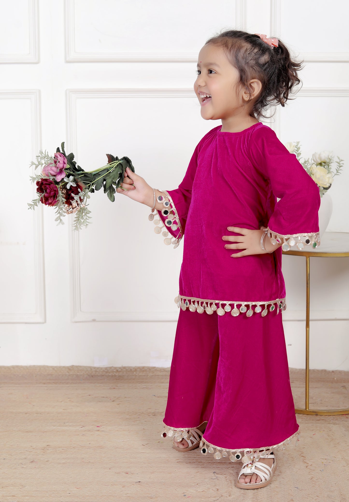 Magenta Mirror Work Kurta & Palazzo Set