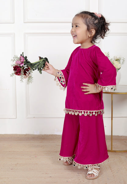 Magenta Mirror Work Kurta & Palazzo Set