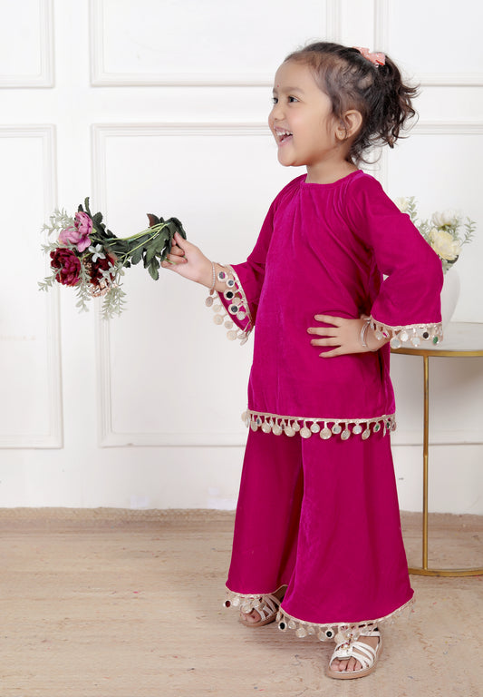 Magenta Mirror Work Kurta & Palazzo Set