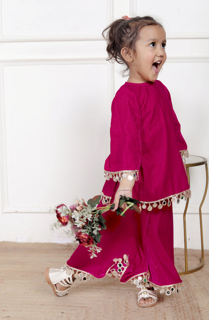 Magenta Mirror Work Kurta & Palazzo Set