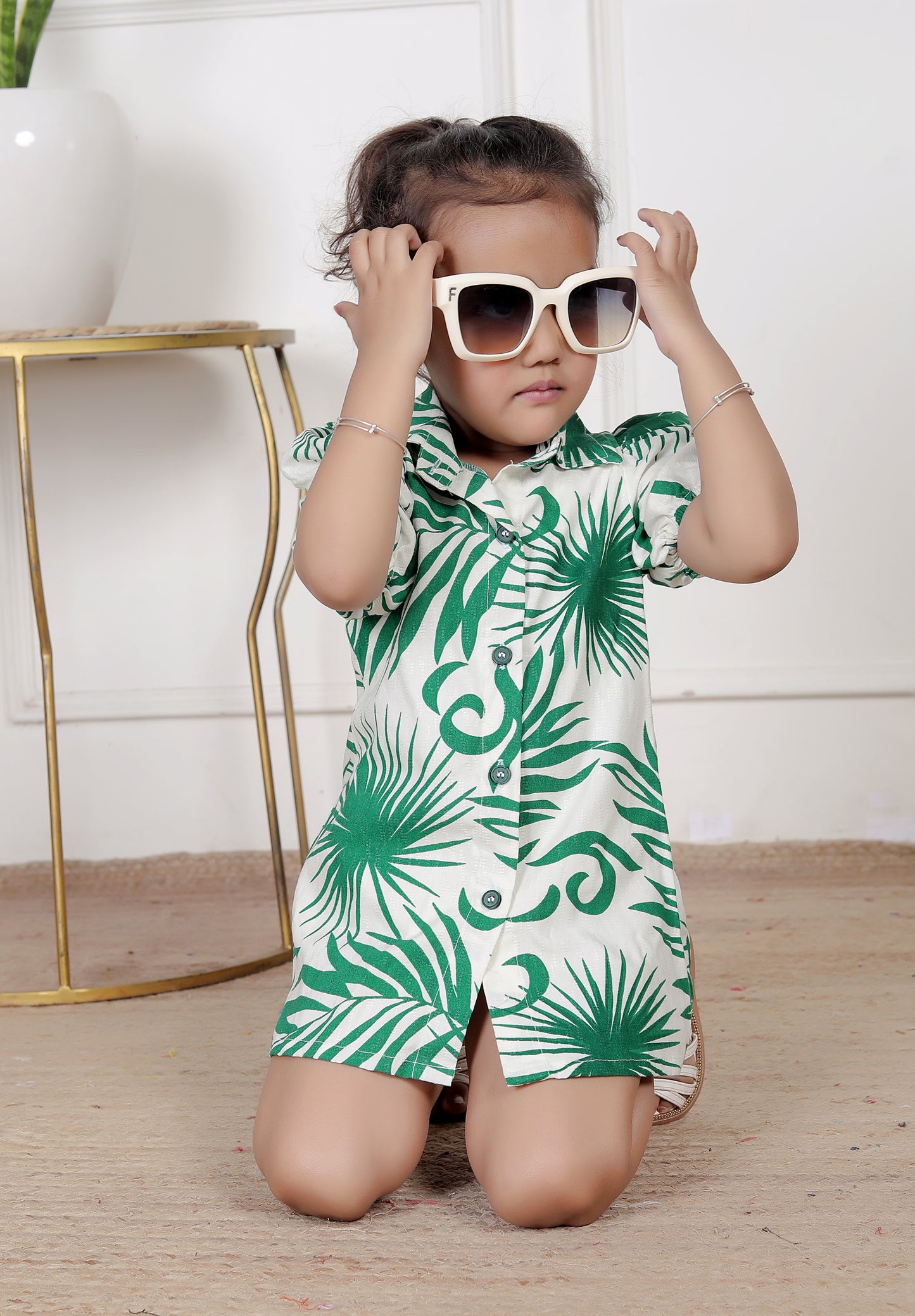 Green & White Tropical Print Shirt Dress
