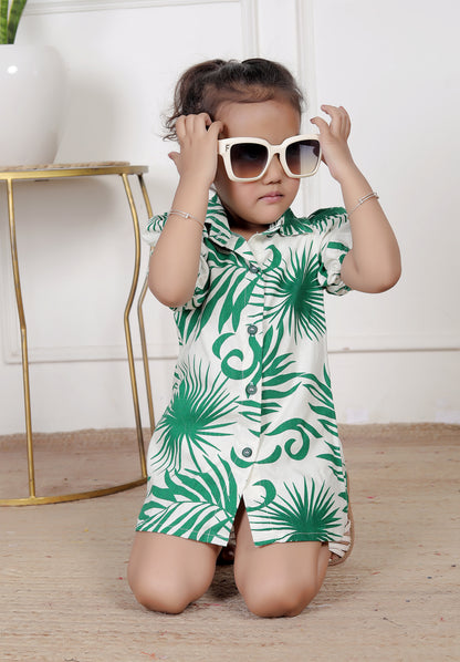 Green & White Tropical Print Shirt Dress