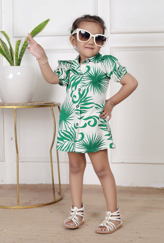 Green & White Tropical Print Shirt Dress