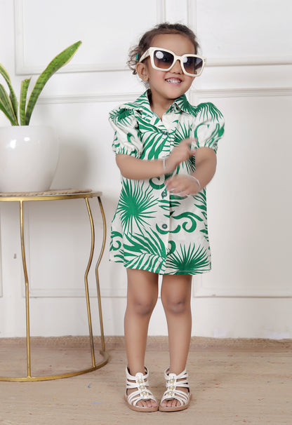 Green & White Tropical Print Shirt Dress