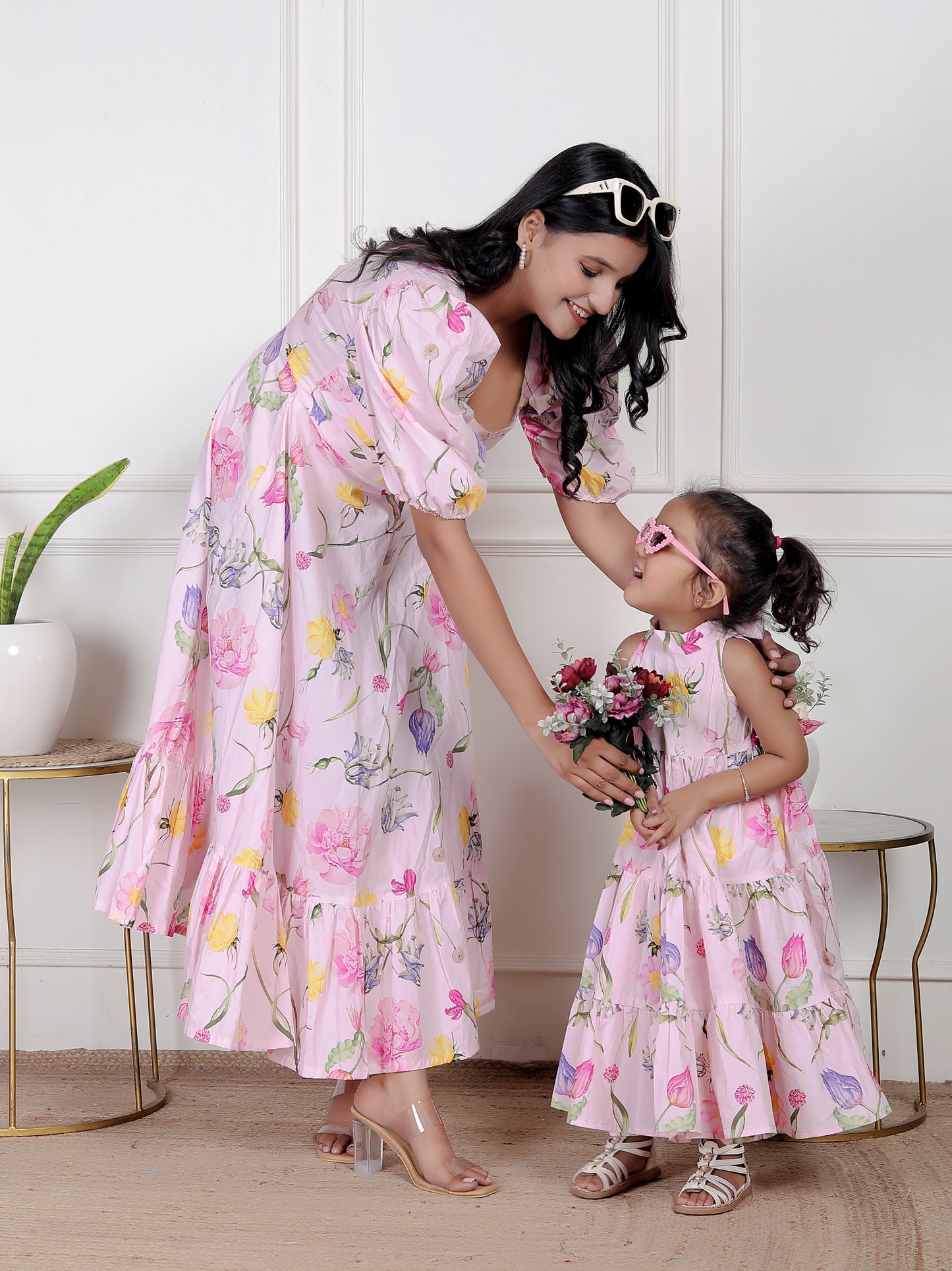 Mom & Me Pink Floral Matching Maxi Dress Set