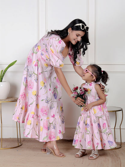 Mom & Me Pink Floral Matching Maxi Dress Set