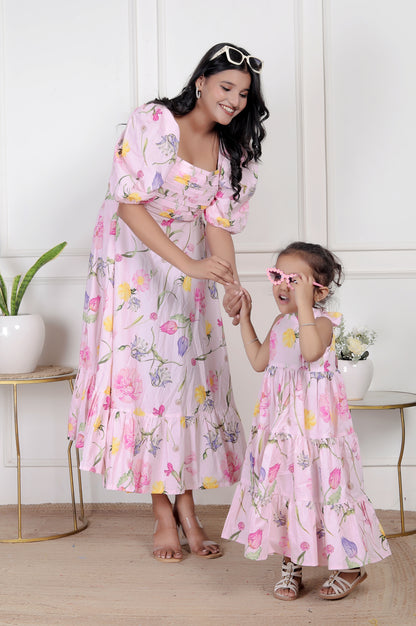 Mom & Me Pink Floral Matching Maxi Dress Set