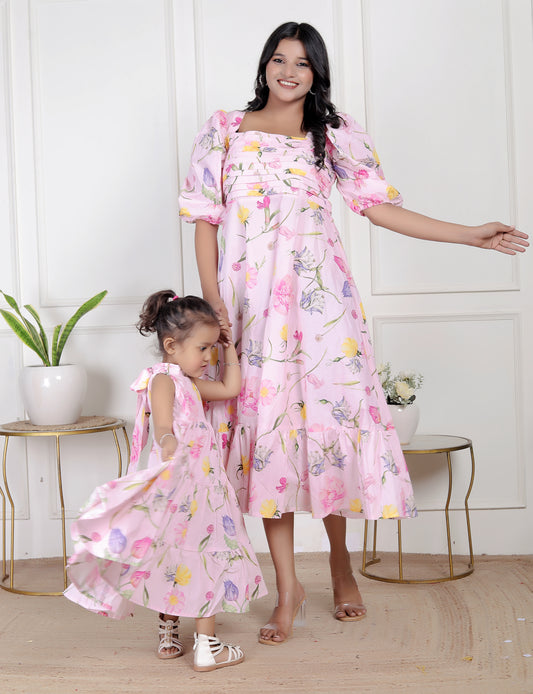 Mom & Me Pink Floral Matching Maxi Dress Set