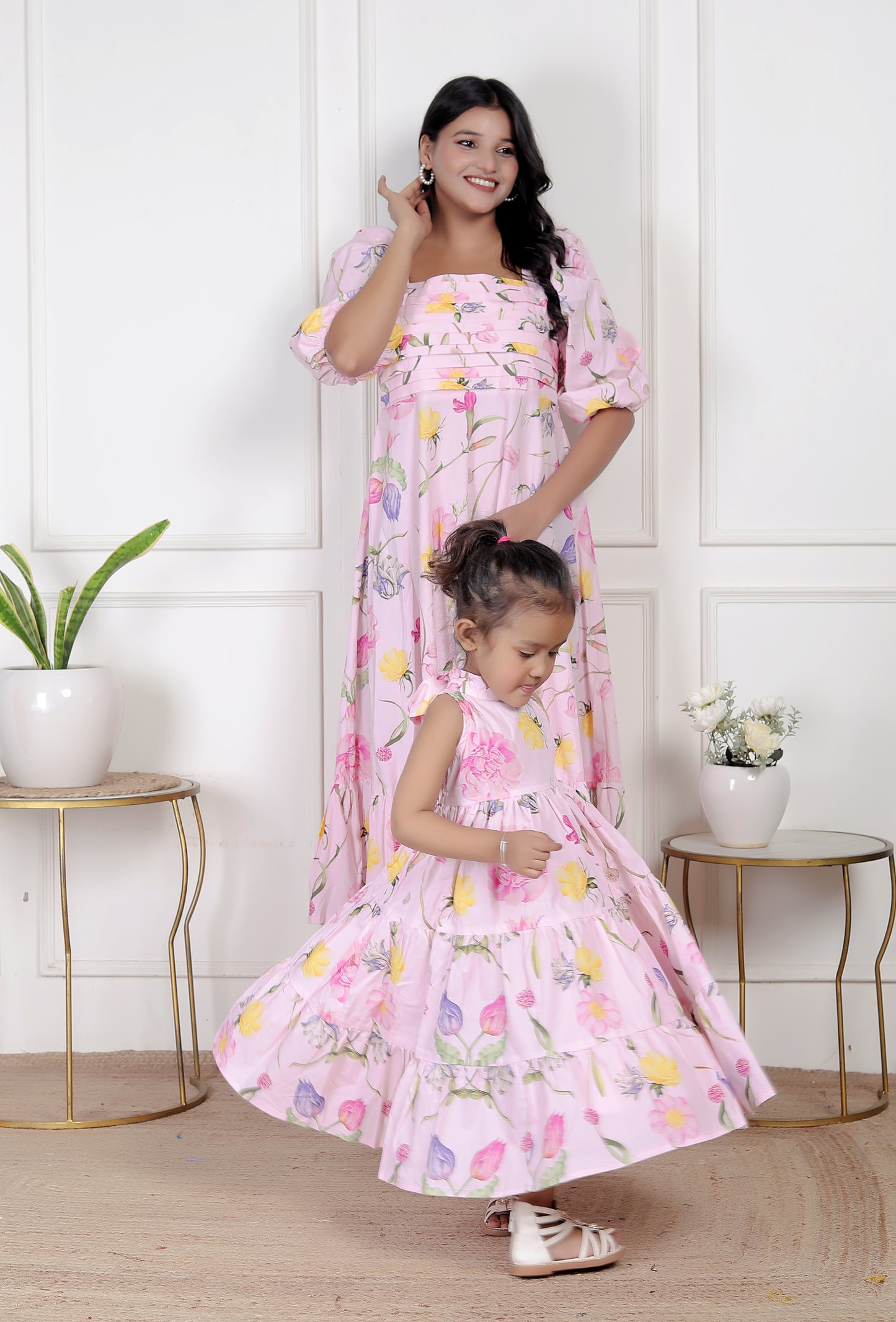 Mom & Me Pink Floral Matching Maxi Dress Set