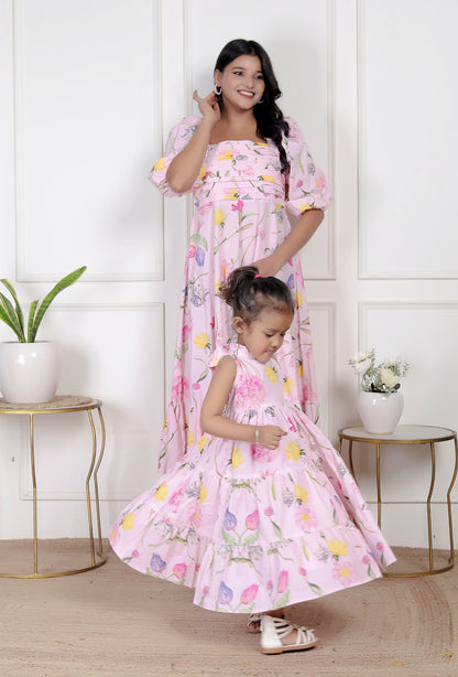 Mom & Me Pink Floral Matching Maxi Dress Set