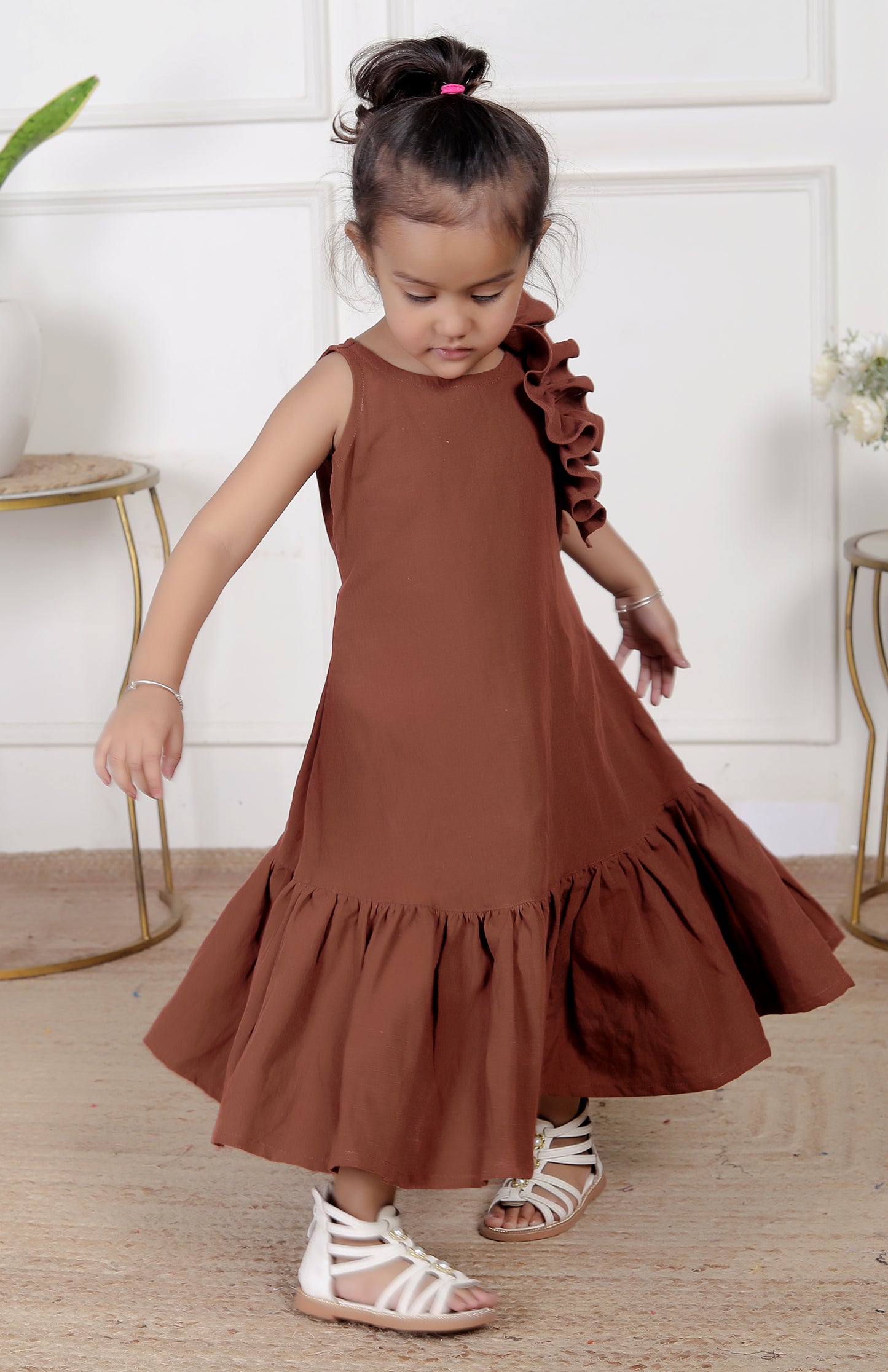 Brown One-Shoulder Ruffle Maxi Dress
