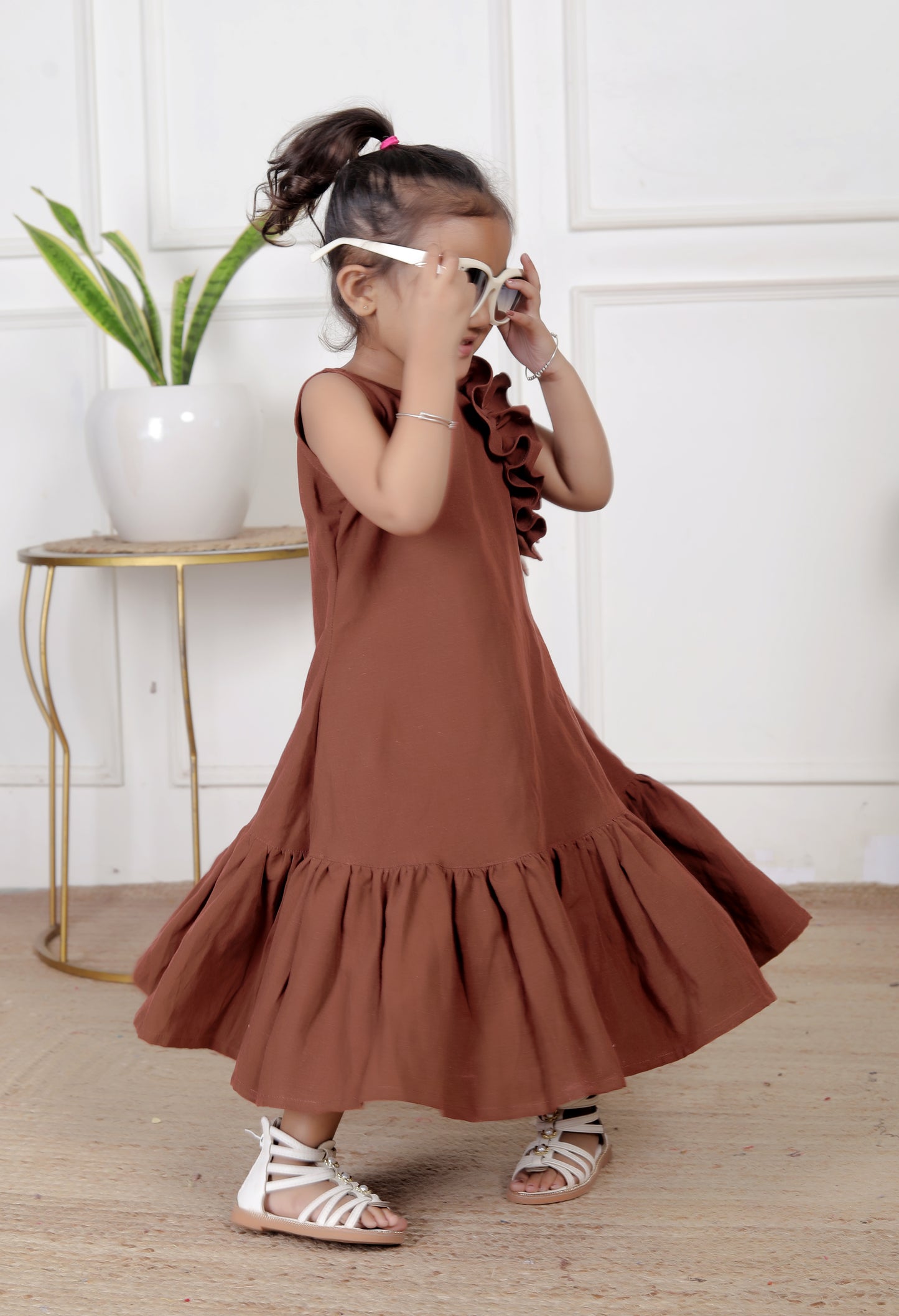 Brown One-Shoulder Ruffle Maxi Dress