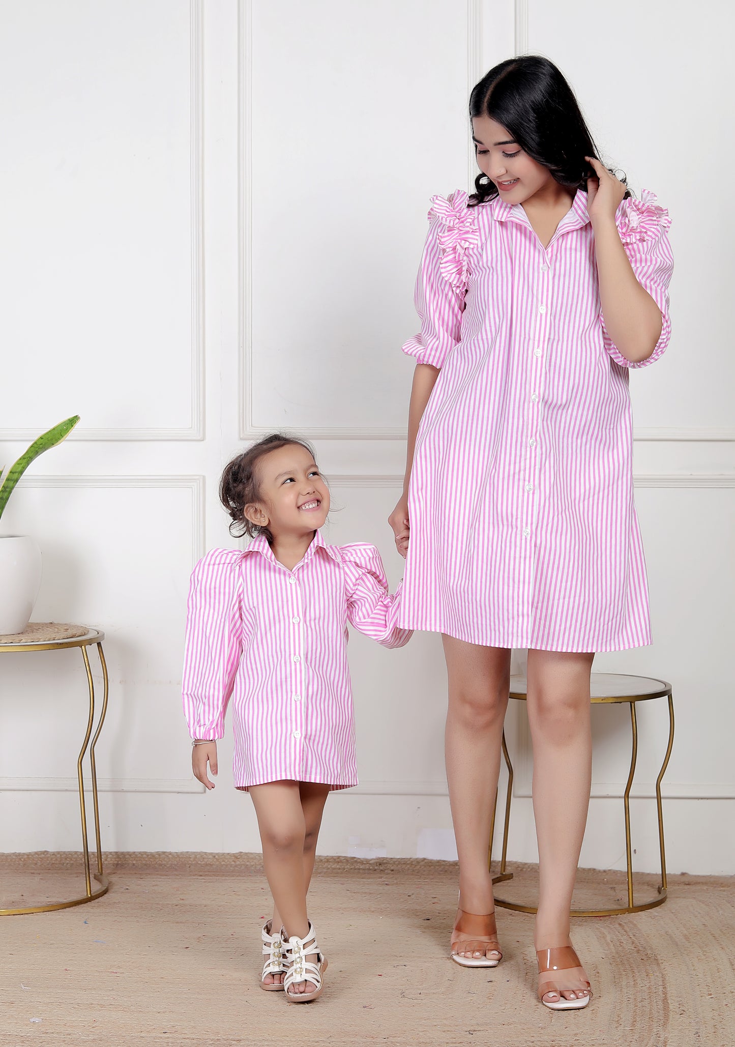 Mom & Me Pink Striped Shirt Dress Combo