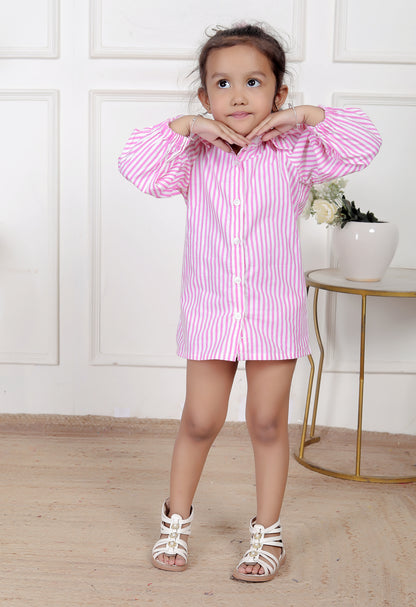 Pink Striped Shirt Dress with Puff Sleeves