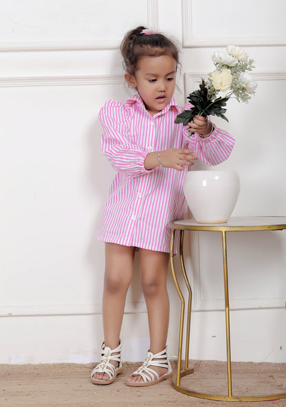 Pink Striped Shirt Dress with Puff Sleeves