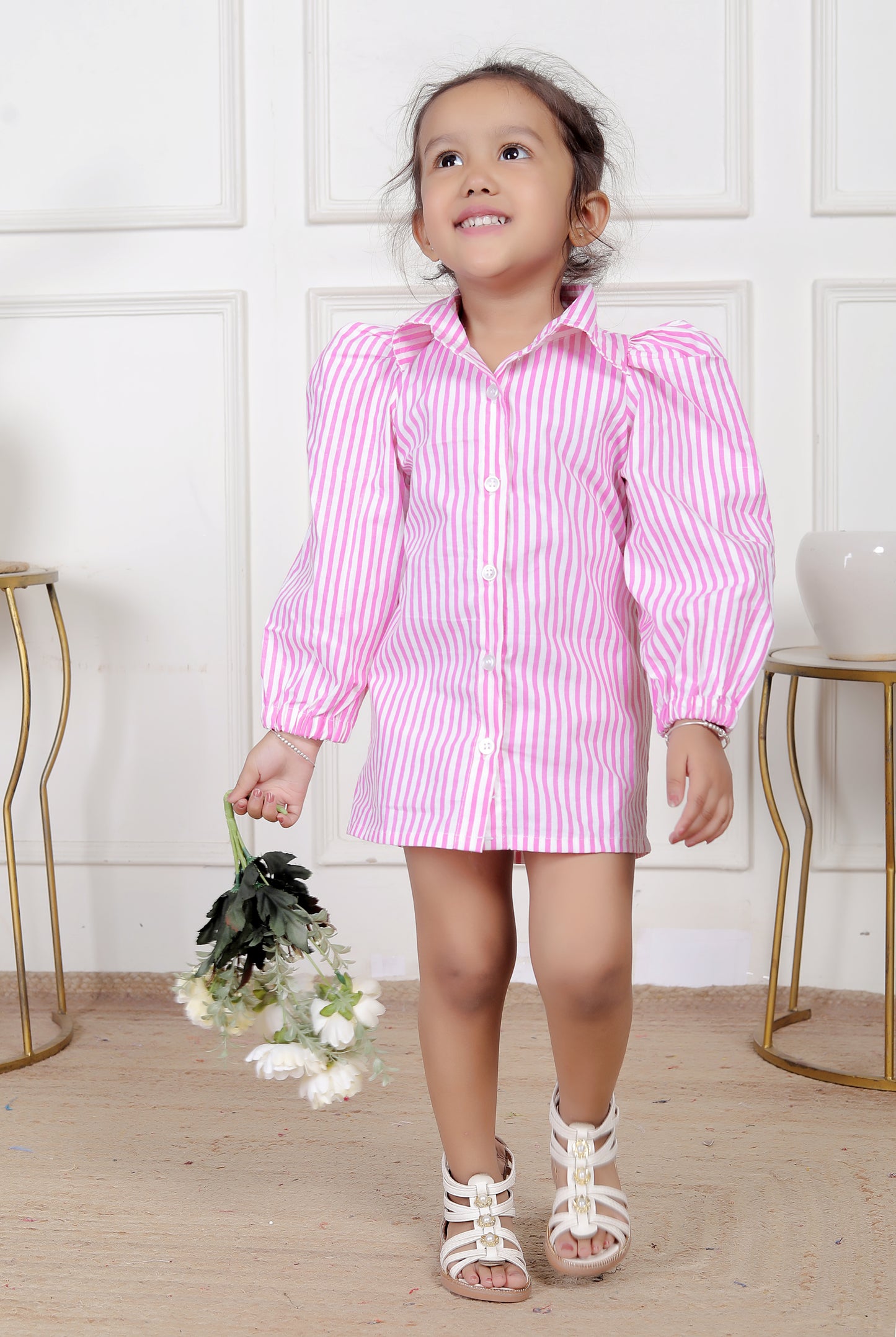 Pink Striped Shirt Dress with Puff Sleeves