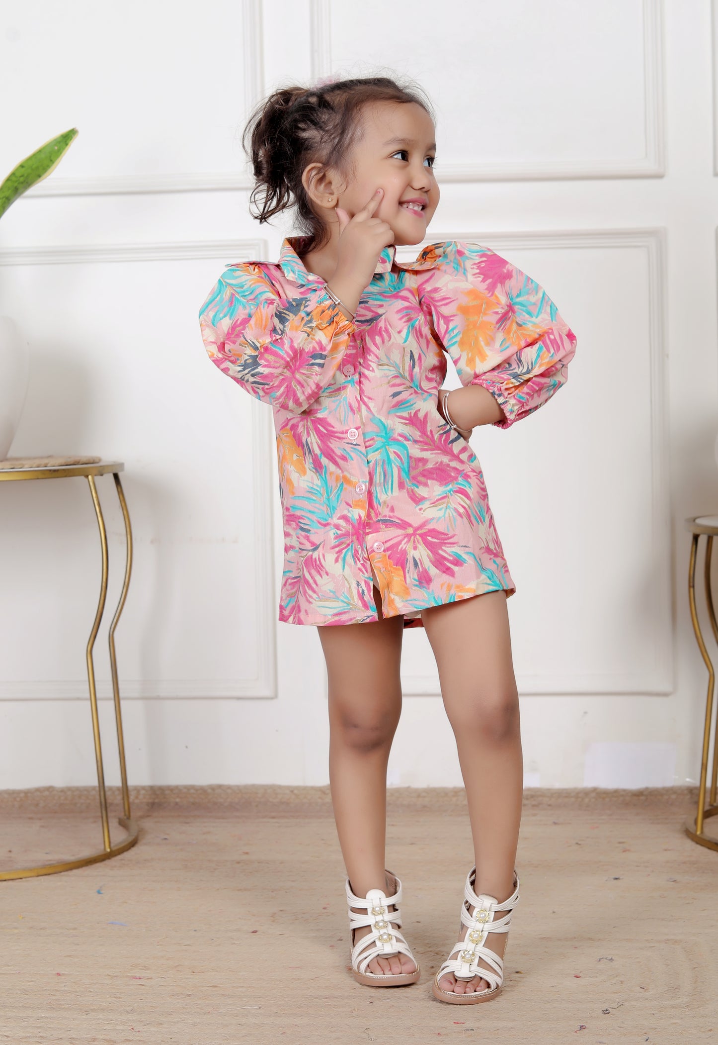 Tropical Floral Shirt Dress with Puff Sleeves