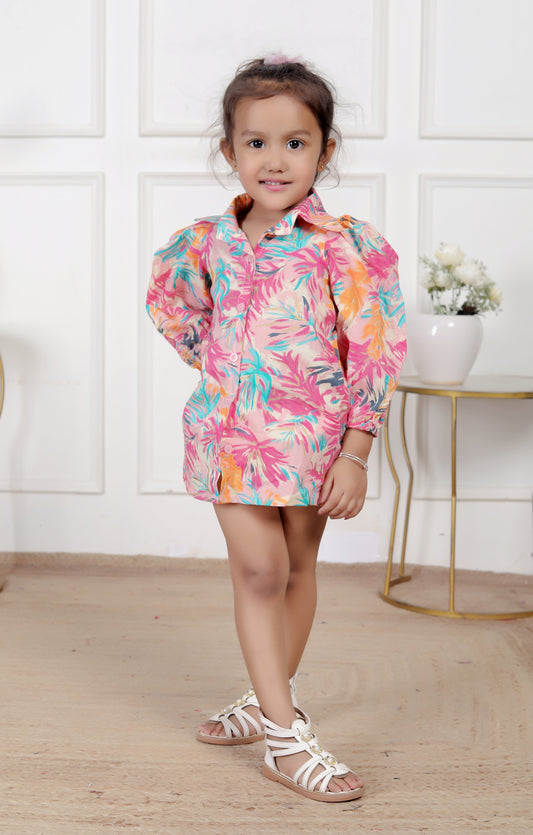 Tropical Floral Shirt Dress with Puff Sleeves