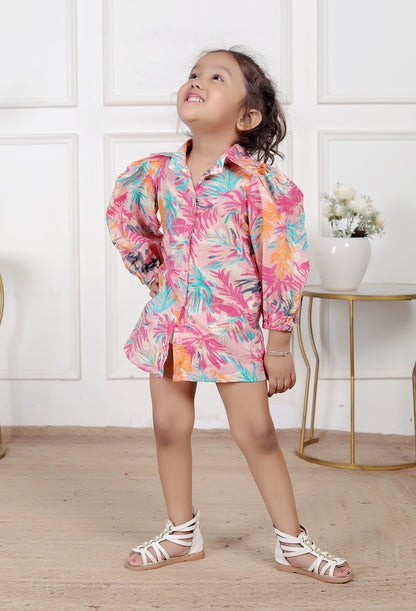 Tropical Floral Shirt Dress with Puff Sleeves